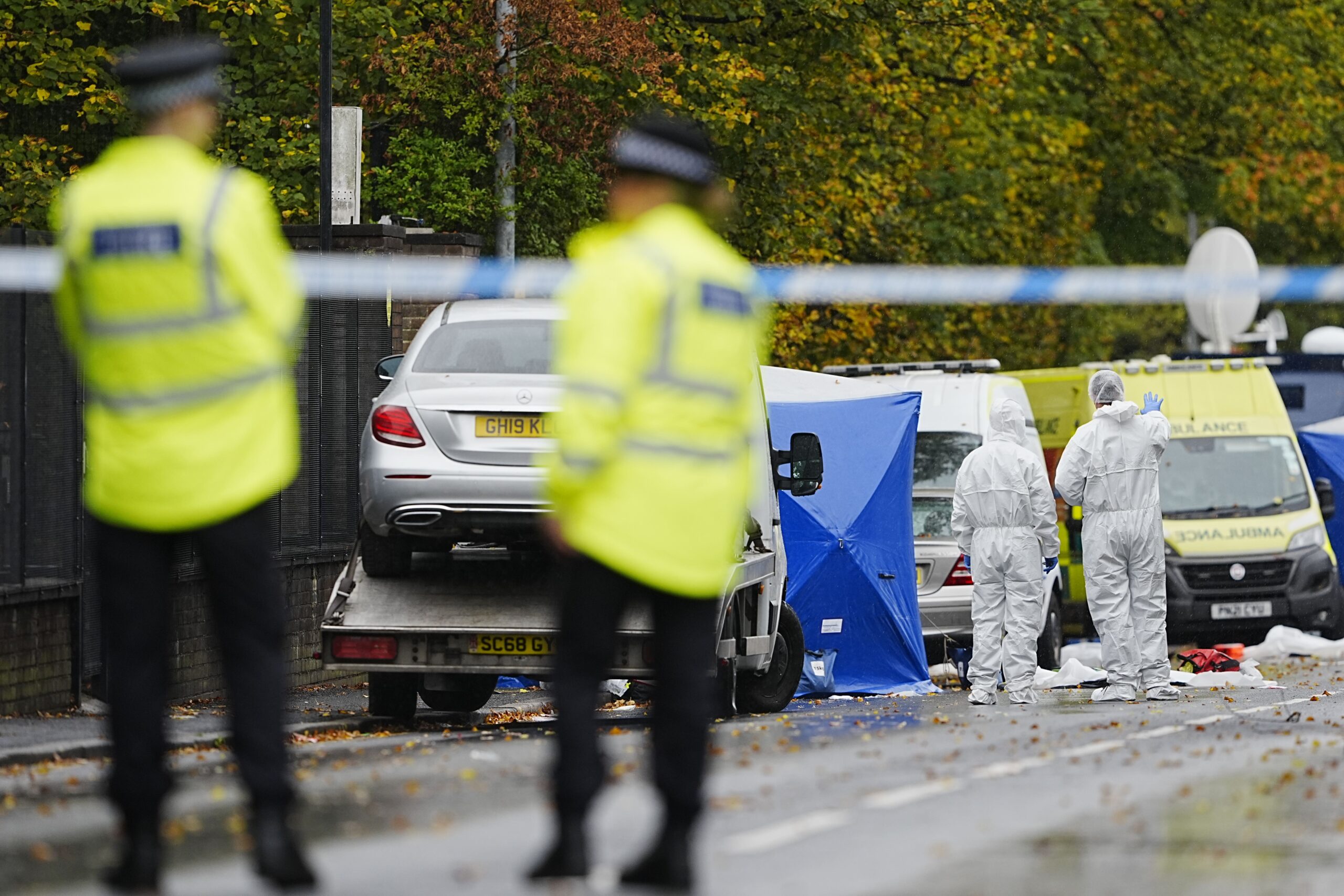 The police investigation continues at the scene near Heaton Park Hebrew Congregation synagogue in Crumpsall, Manchester, where two people died in a terror attack