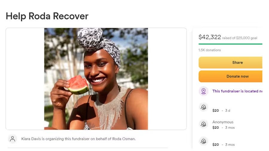 Roda Osman, 35, was found guilty of theft after claiming a man threw a brick at her head and raised $42,000