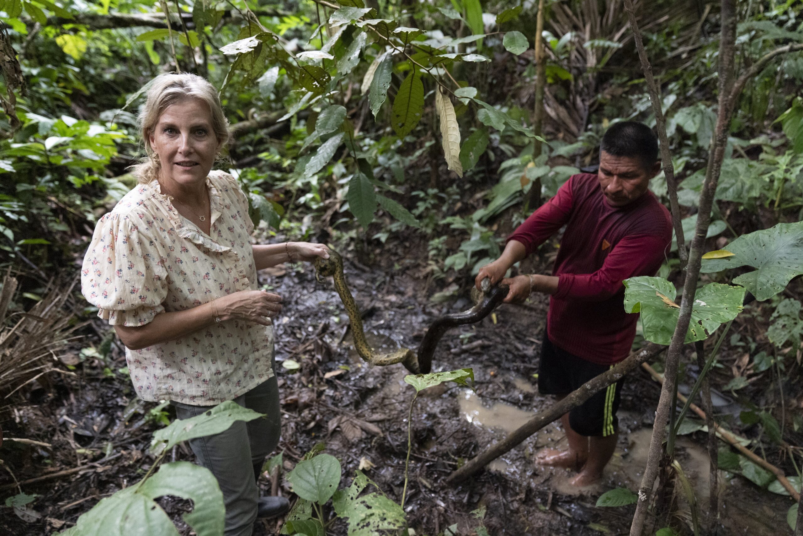 The duchess with a local tour guide holds a Green Anaconda snake