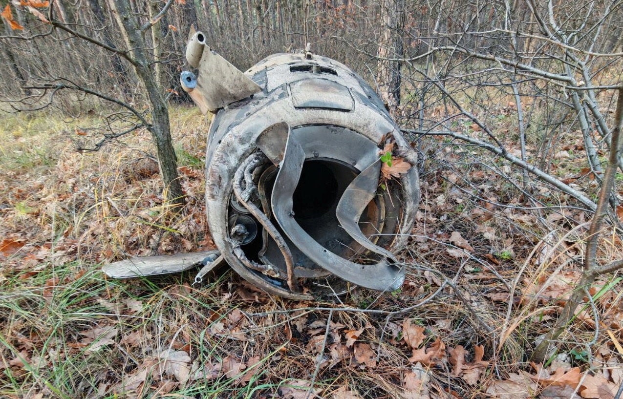 A fragment of an ATACMS missile lies in a forest in an unidentified location in Voronezh region