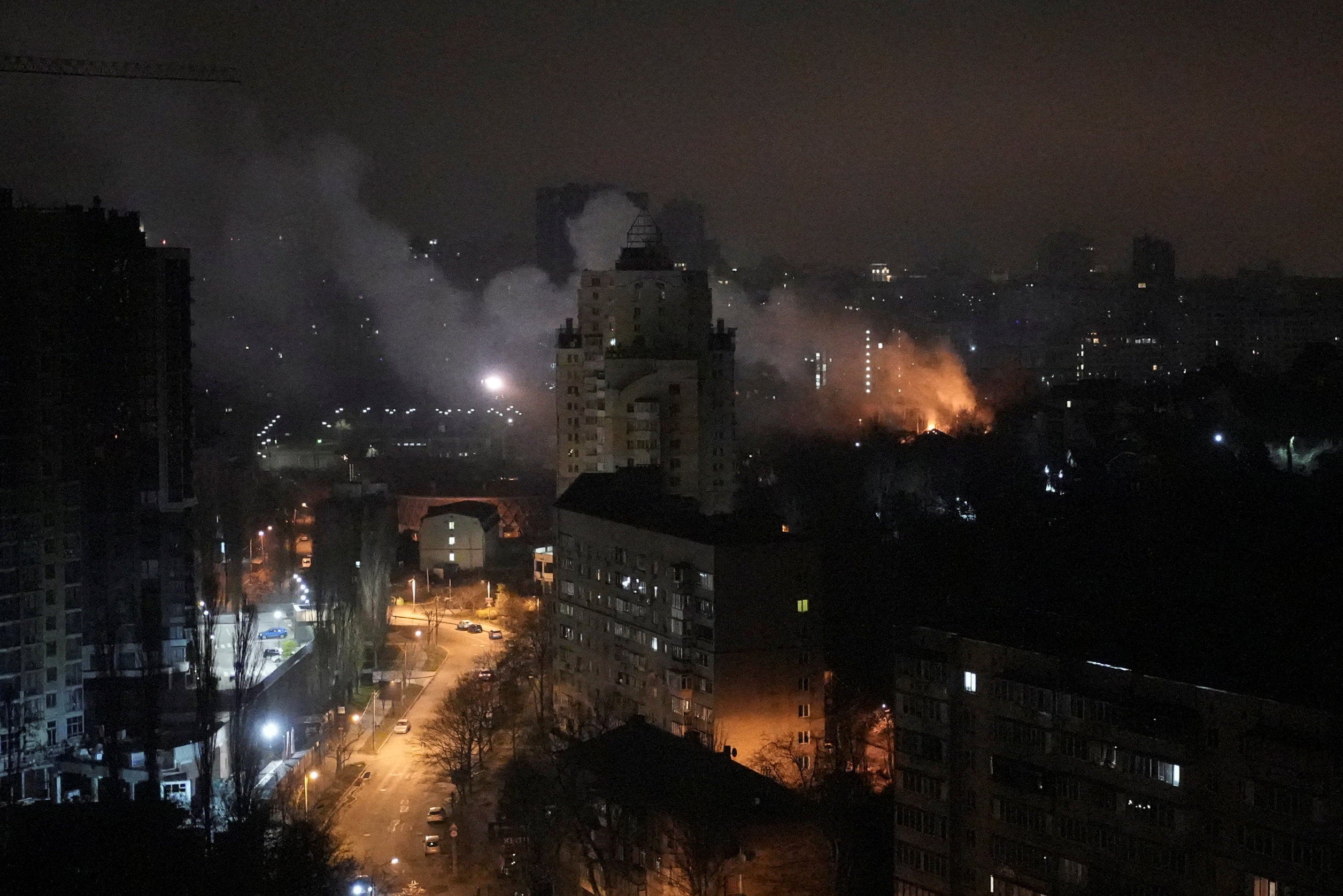 Resident buildings burn after Russian missile and drone strikes, amid Russia's attack on Ukraine, in Kyiv