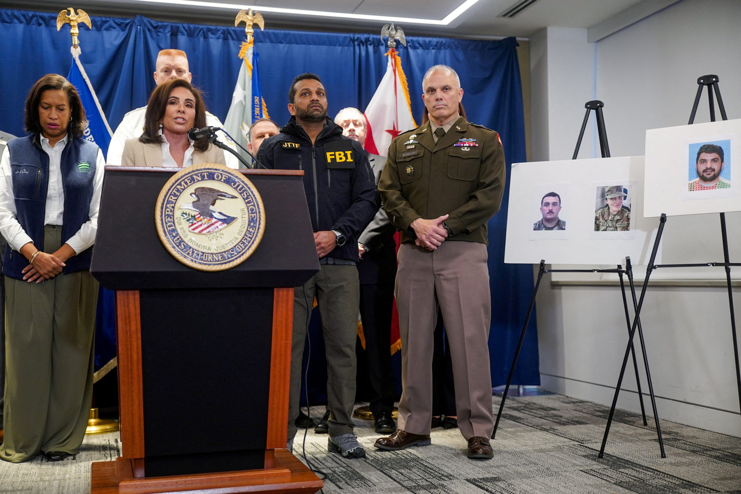 U.S. Attorney for D.C. Jeanine Pirro speaks next to FBI Director Kash Patel and other authorities during a press conference Thursday