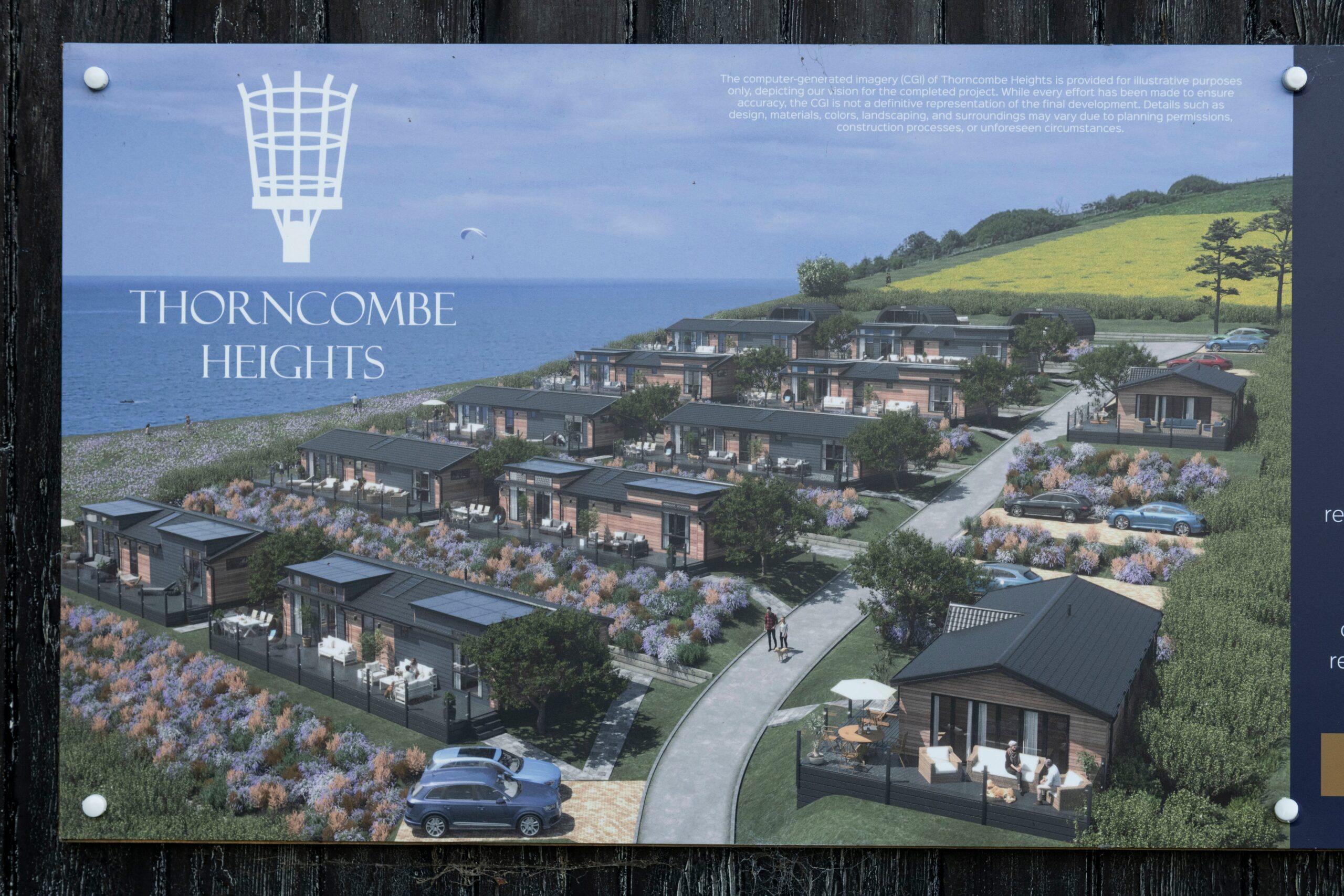 Posters showing CGI plans for the new lodges at the Holiday Park at Eype Dorset