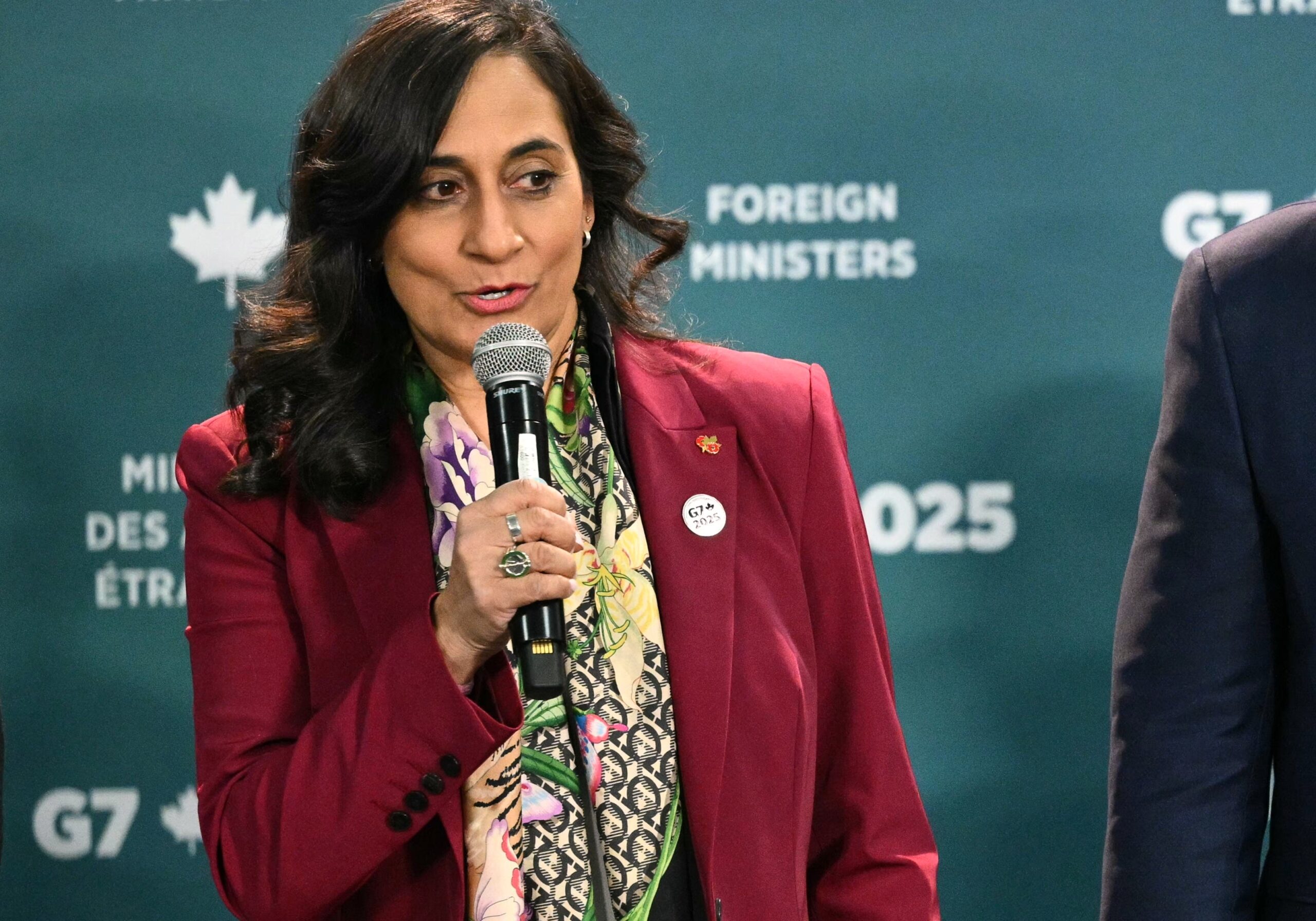 Canadian foreign minister Anita Anand gives some remarks before posing for the family photo during the G7 foreign ministers' meeting at the White Oaks Resort in Niagara-on-the-Lake in Ontario