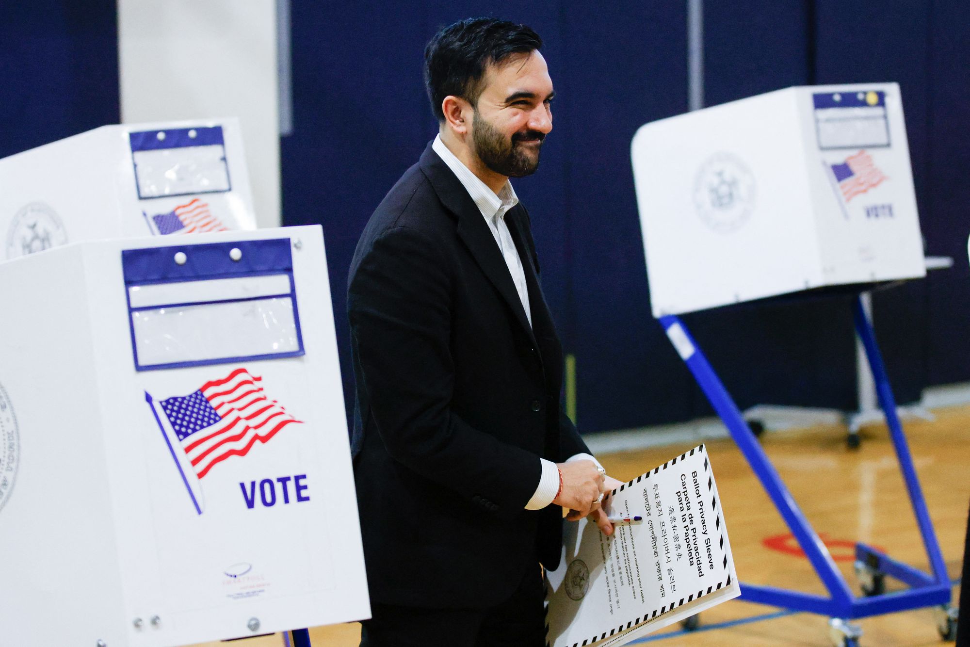 Democratic New York City mayoral candidate Zohran Mamdani votes at a polling location at Frank Sinatra School of Arts in the Queens borough of New York City on November 4, 2025.
