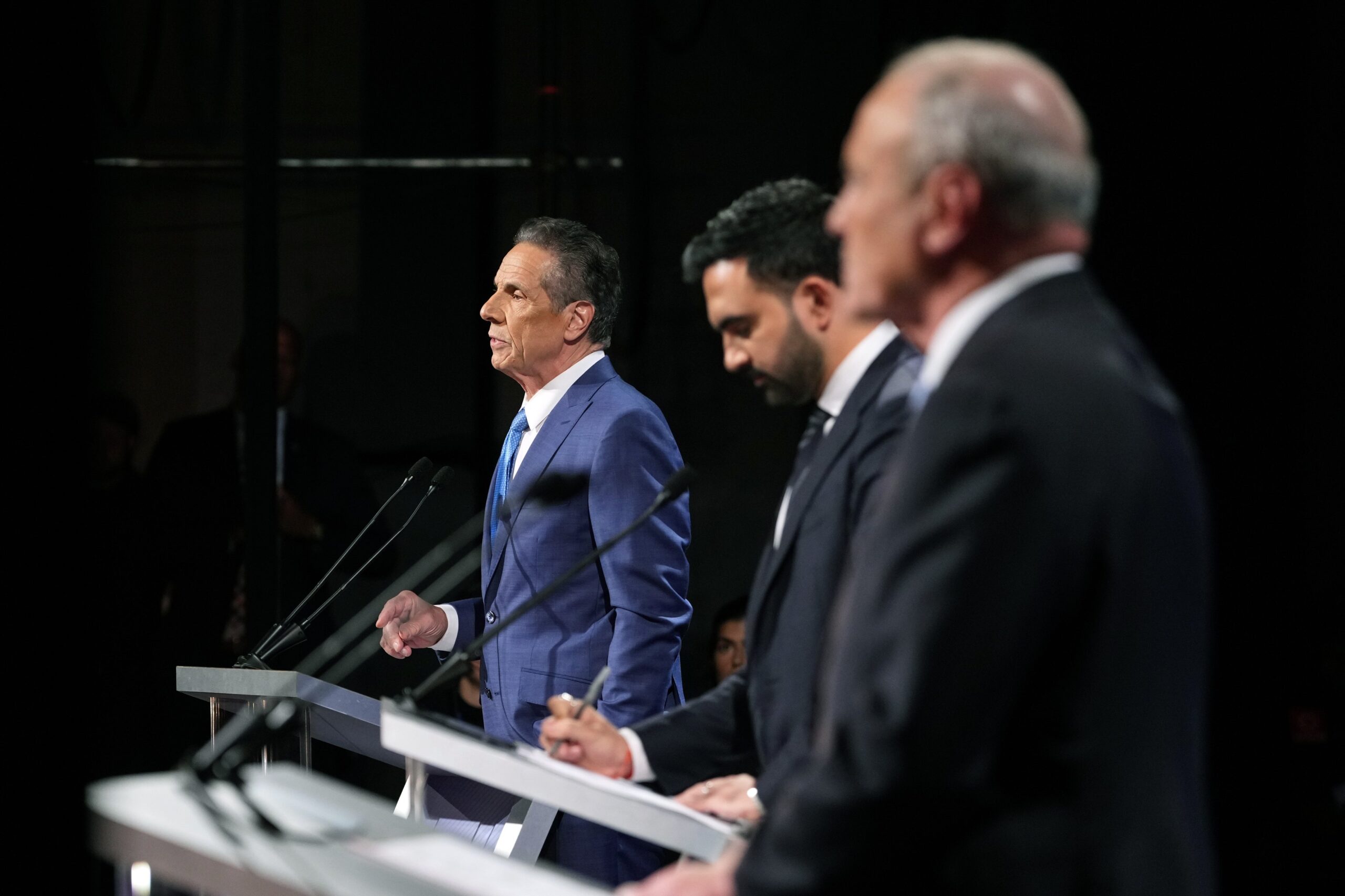 NEW YORK, NEW YORK - OCTOBER 22: (L-R) Independent candidate former New York Gov. Andrew Cuomo, Democratic candidate Assemblyman Zohran Mamdani and Republican candidate Curtis Sliwa, participate in a second New York City mayoral debate at LaGuardia Performing Arts Center at LaGuardia Community College in Long Island City, Queens, on October 22, 2025 in New York City. With less than two weeks left until New Yorkers go to the polls, mayoral candidates are set to make their closing arguments in a final debate