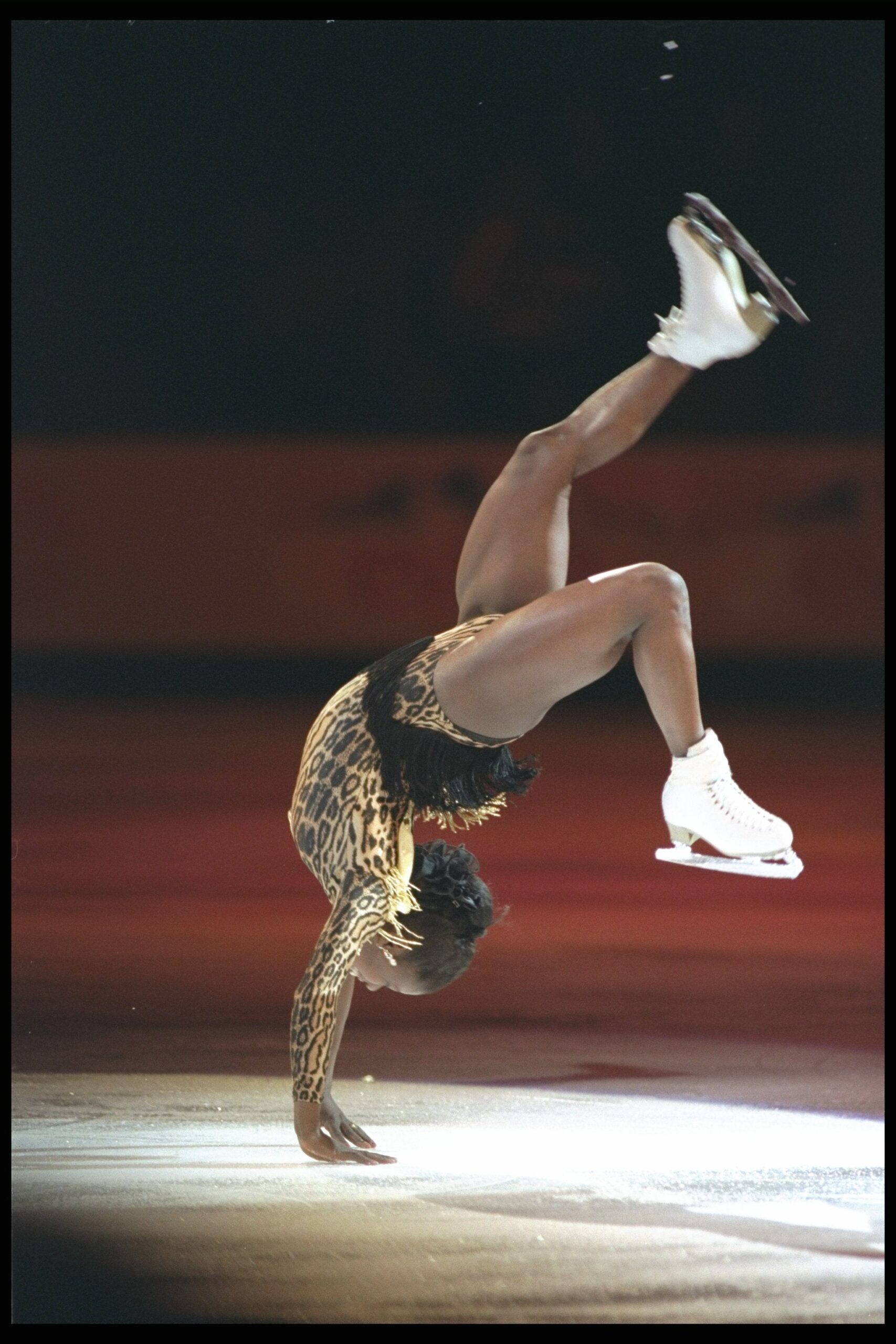 Bonaly at the World Figure Skating Championships in 1996. She is best known for her daring backflips, which are illegal in competitive skating