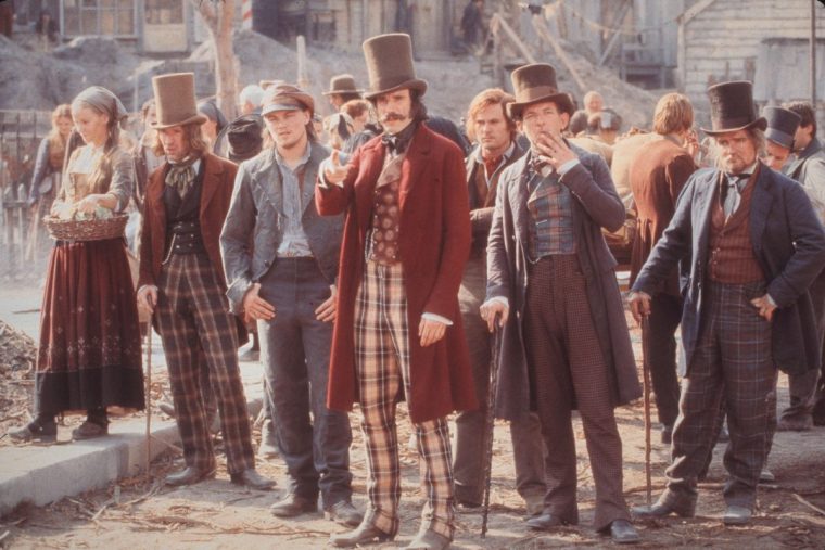 Daniel Day-Lewis standing out from the crowd in the film 'Gangs of New York' (2002).Leonardo DiCaprio is to Day Lewis's left.and just behind day lewis's left shoulder is Liam Carney