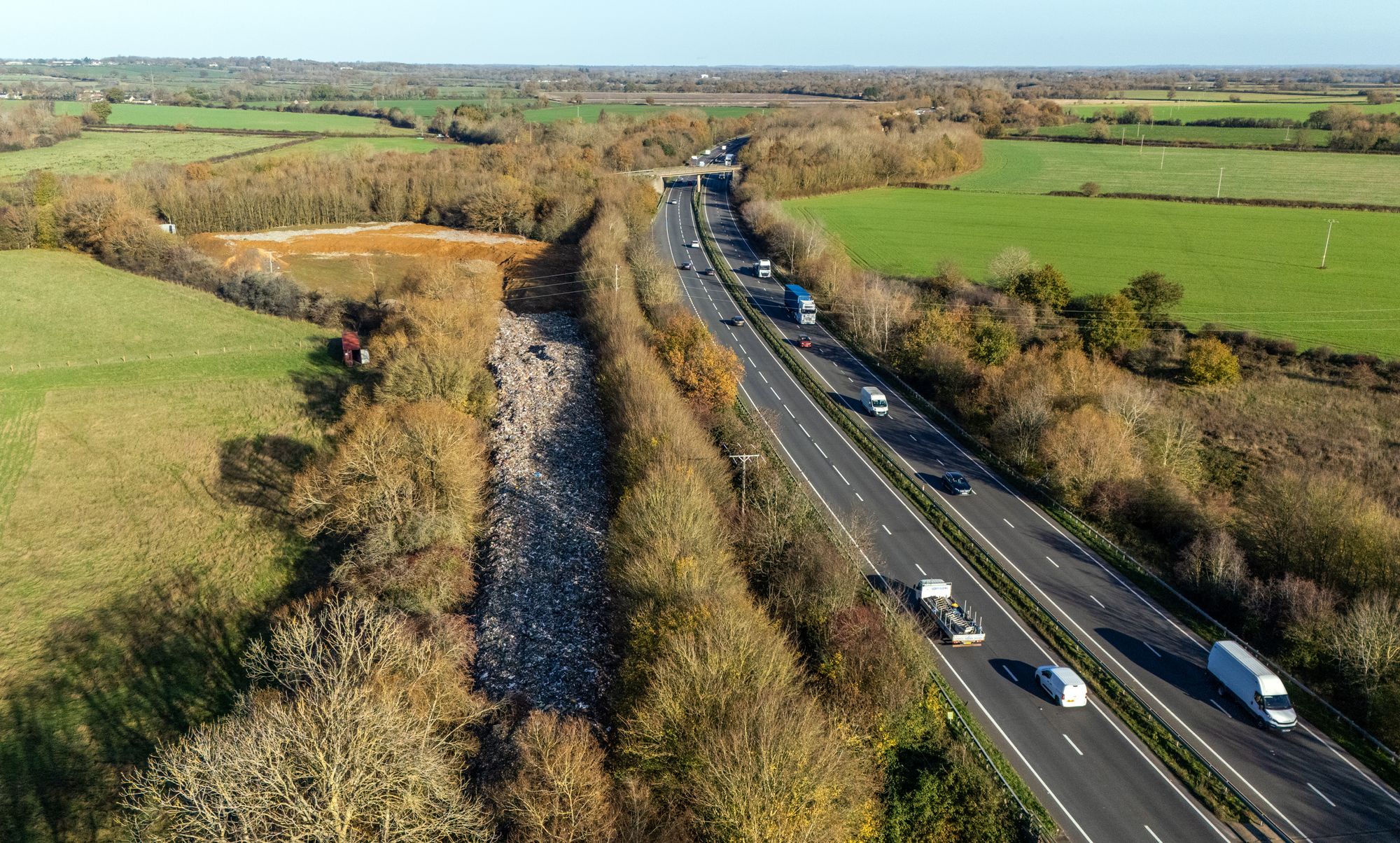 An aerial view of the huge pile of illegally dumped waste in Kidlington