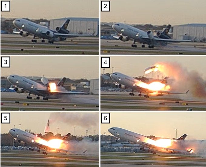 Still images from an airport surveillance video showing the left engine and left pylon separation from the left wing
