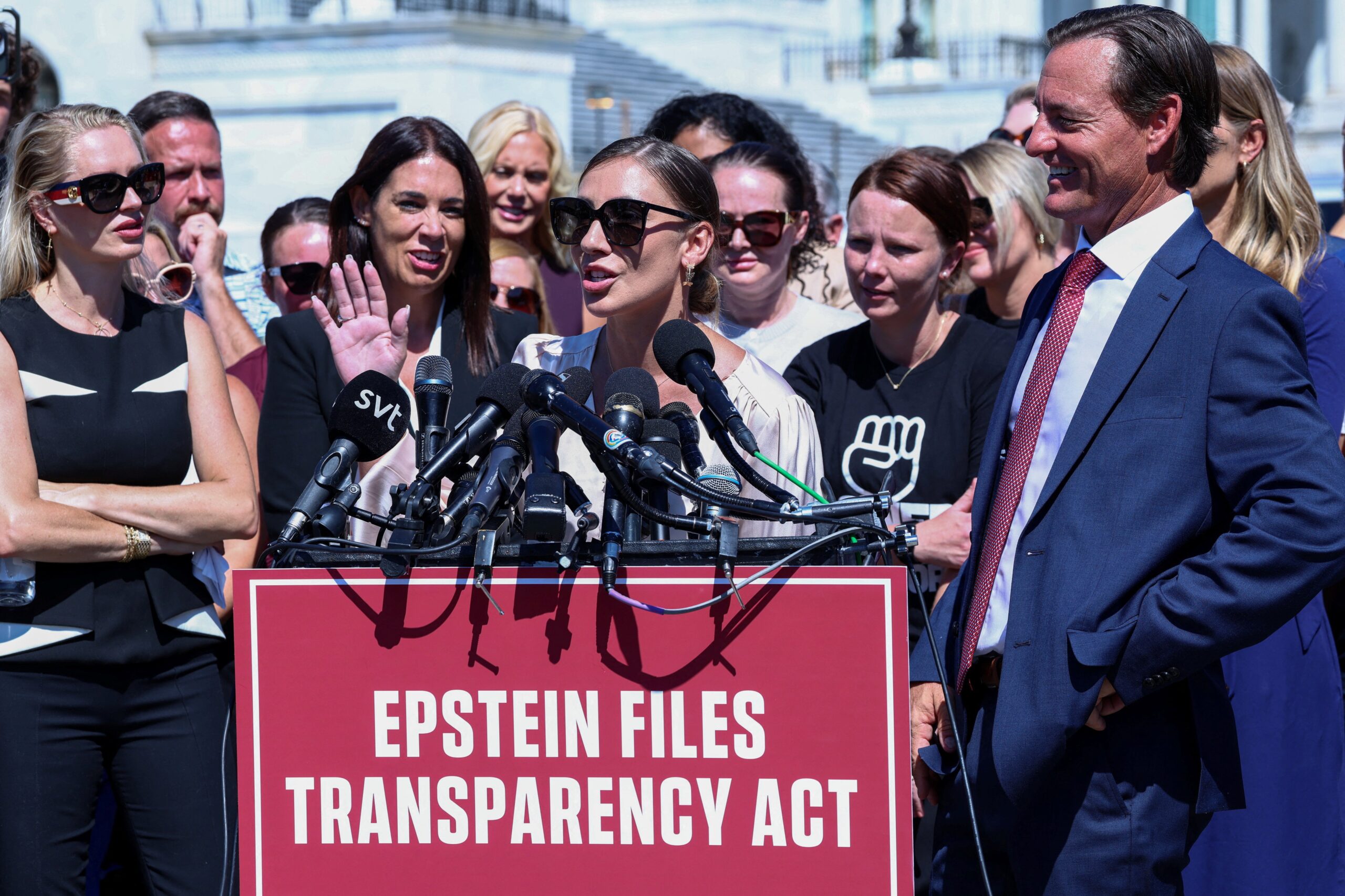 Epstein victim Marina Lacerda speaks during a press conference to discuss the Epstein Files Transparency bill.