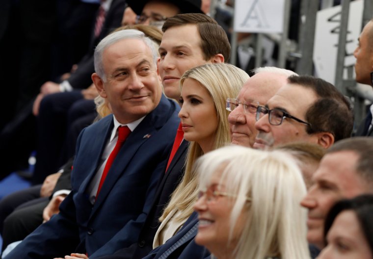 TOPSHOT - Israel's Prime Minister Benjamin Netanyahu (L), Senior White House Advisor Jared Kushner (C-R), US President's daughter Ivanka Trump (3rd R), US Treasury Secretary Steve Mnuchin (R) and Israel's President Reuven Rivlin (2nd R) attend the opening of the US embassy in Jerusalem on May 14, 2018. - The United States moved its embassy in Israel to Jerusalem after months of global outcry, Palestinian anger and exuberant praise from Israelis over President Donald Trump's decision tossing aside decades of precedent. (Photo by MENAHEM KAHANA / AFP) (Photo credit should read MENAHEM KAHANA/AFP/Getty Images)