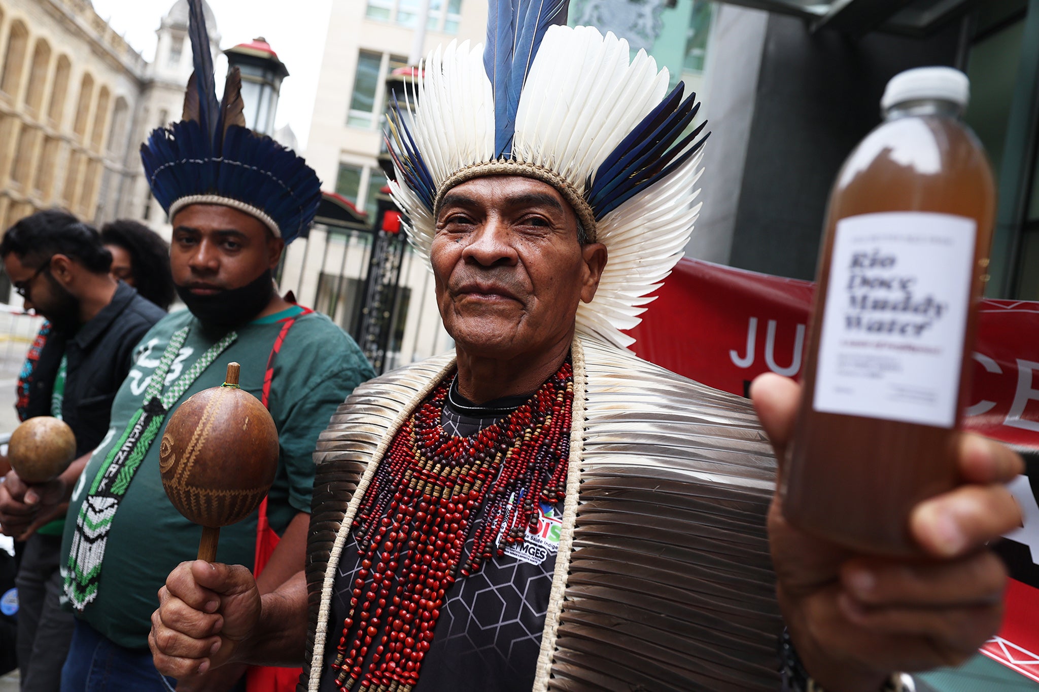 Brazilian Indigenous tribal chiefs demonstrate against the Mariana Dam disaster outside London’s High Court
