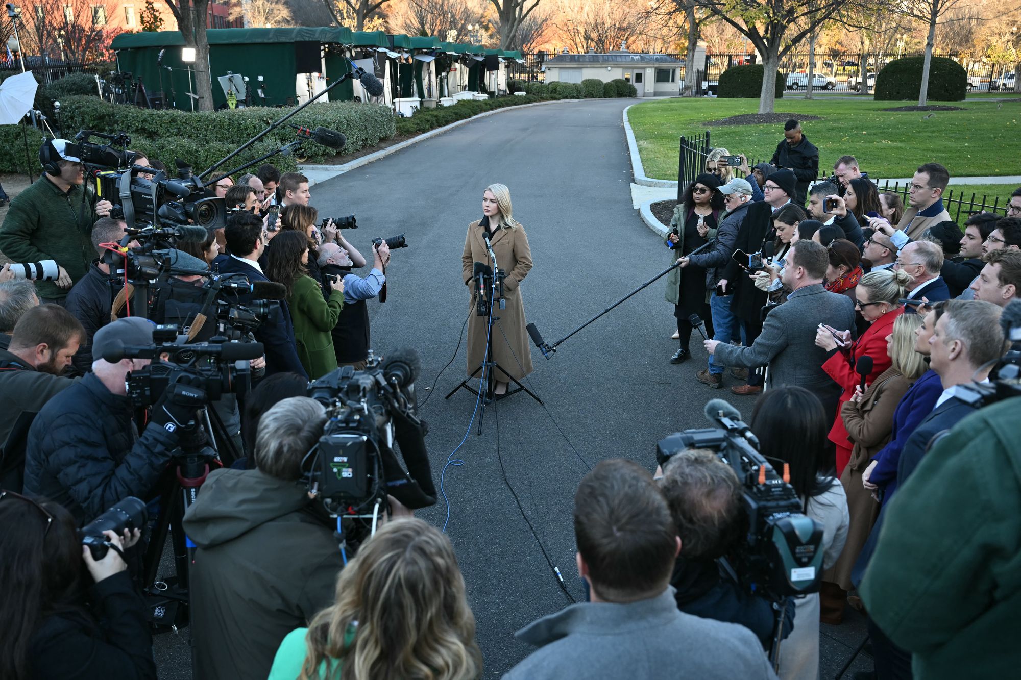 White House press secretary Karoline Leavitt speaks to journalists outside the West Wing of the White House in Washington, DC