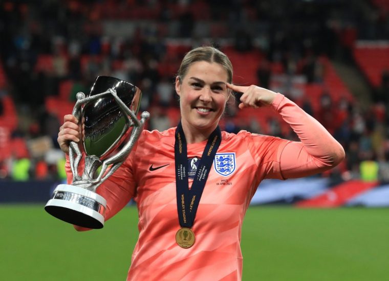 Earps with the trophy after the Women's Finalissima at Wembley in April 2023, in which England beat Brazil in a penalty shoot out (Photo: Bradley Collyer/ PA)