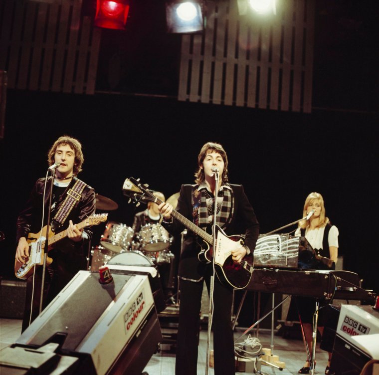 Wings on 'Top of the Pops' in November 1974, when they performed their single 'Junio's Farm' (Photo: David Redfern /Redferns)