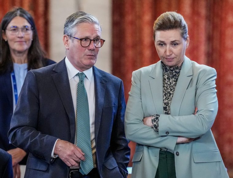 Britain's Prime Minister Keir Starmer and Denmark's Prime Minister Mette Frederiksen talk at the start of the annual Joint Expeditionary Force (JEF) Leaders' Summit in Oslo on May 9, 2025. From May 8-9, Norway hosts this year's summit for the members of the JEF coalition: UK, Denmark, Estonia, Finland, Iceland, Latvia, Lithuania, the Netherlands, Sweden and Norway. Their meeting will focus on the situation in Europe and regional cooperation on security challenges. (Photo by Lise ??serud / NTB / AFP) / Norway OUT (Photo by LISE ASERUD/NTB/AFP via Getty Images)