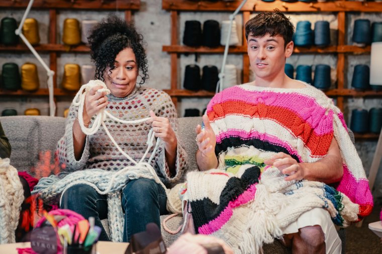 TV STILL: The Game of Wool: Britain's Best Knitter s1 - eP1 Lydia with Presenter Tom Daley, in The Yarn Barn