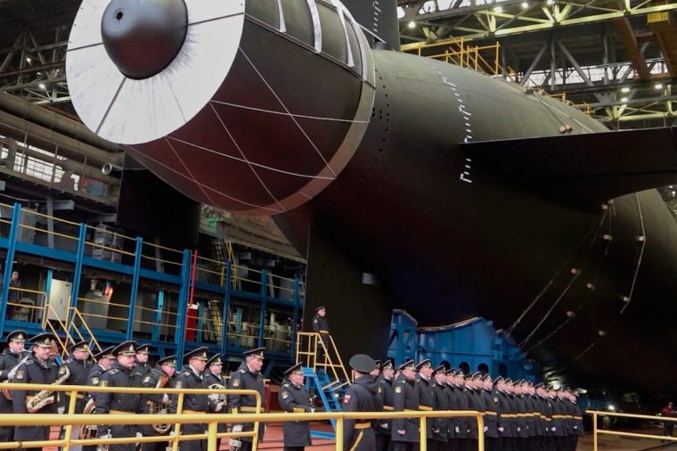 In this image made from video provided by Russian Defense Ministry Press Service on Saturday, Nov. 1, 2025, The Khabarovsk nuclear submarine is seen during launches at the Sevmash shipyard in Severodvindk, Russia. (Russian Defense Ministry Press Service via AP)