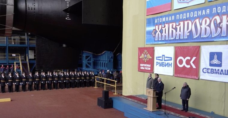 SEVERODVINSK, RUSSIA - NOVEMBER 01: (----EDITORIAL USE ONLY MANDATORY CREDIT - 'RUSSIAN DEFENSE MINISTRY / HANDOUT' - NO MARKETING NO ADVERTISING CAMPAIGNS - DISTRIBUTED AS A SERVICE TO CLIENTS----) A screen grab from a video shows the ceremony in Severodvinsk, Russia, where under the leadership of Russian Defence Minister Andrei Belousov, the nuclear submarine Khabarovsk was removed from the slipway at the Sevmash JSC Shipyard, on November 01, 2025. (Photo by Russian Defense Ministry/Anadolu via Getty Images)