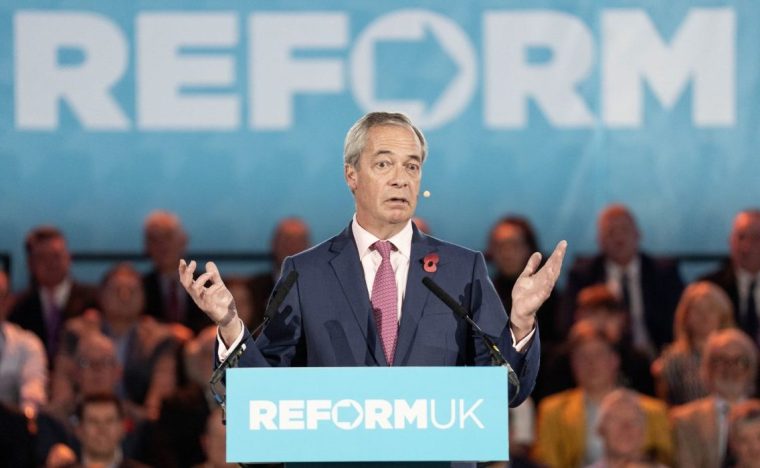 RETRANSMITTED CORRECTING NAME FROM KEVIN BYRNE, FOUNDER OF CHECKATRADE TO REFORM UK LEADER NIGEL FARAGE. Reform UK leader Nigel Farage speaking during a press conference at the Royal Horticultural Halls in Westminster, London. Picture date: Monday November 10, 2025. PA Photo. Photo credit should read: Stefan Rousseau/PA Wire