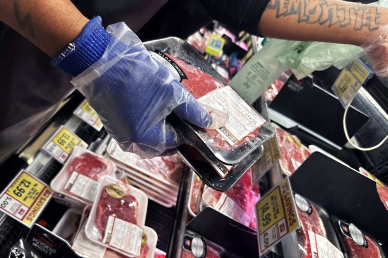UNITED STATES - OCTOBER 25: A worker stocks angus beef top sirloin filets in the meat section of a grocery store in Washington, D.C., on Saturday, October 25, 2025. (Tom Williams/CQ-Roll Call, Inc via Getty Images)