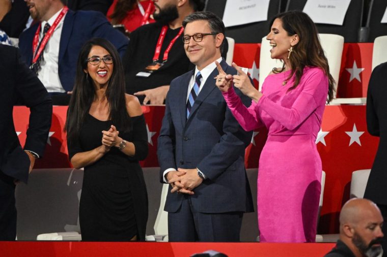 MILWAUKEE, WISCONSIN - JULY 17: Rep. Lauren Boebert , Speaker of the House Mike Johnson (R-LA), and U.S. Rep. Nancy Mace (R-SC) talk on the third day of the Republican National Convention at the Fiserv Forum on July 17, 2024 in Milwaukee, Wisconsin. Delegates, politicians, and the Republican faithful are in Milwaukee for the annual convention, concluding with former President Donald Trump accepting his party's presidential nomination. The RNC takes place from July 15-18. (Photo by Leon Neal/Getty Images)