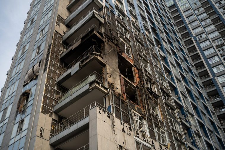 KYIV, UKRAINE - NOVEMBER 25: A view on a residential building damaged as a result of an overnight Russian drone and missile attack in Kyiv on November 25, 2025. (Photo by Danylo Antoniuk/Anadolu via Getty Images)