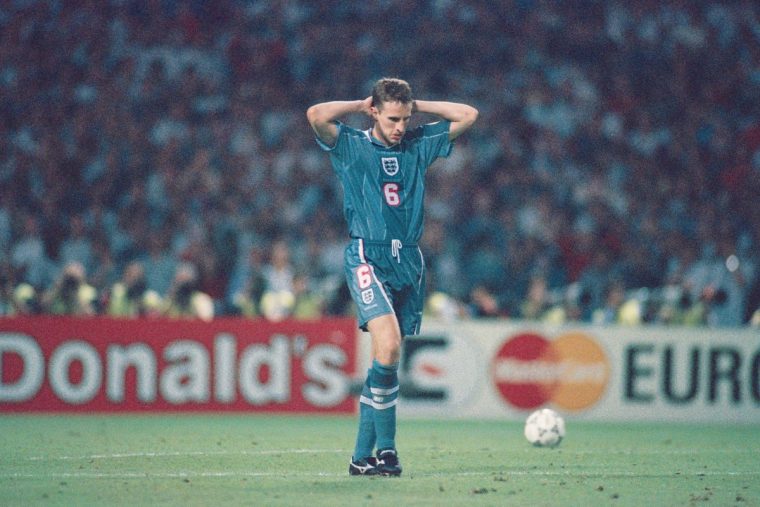 Gareth Southgate after missing his penalty during the penalty shoot out with Germany at the Euros in 1996, which cost England a place in the final (Photo: Stu Forster/ Getty)