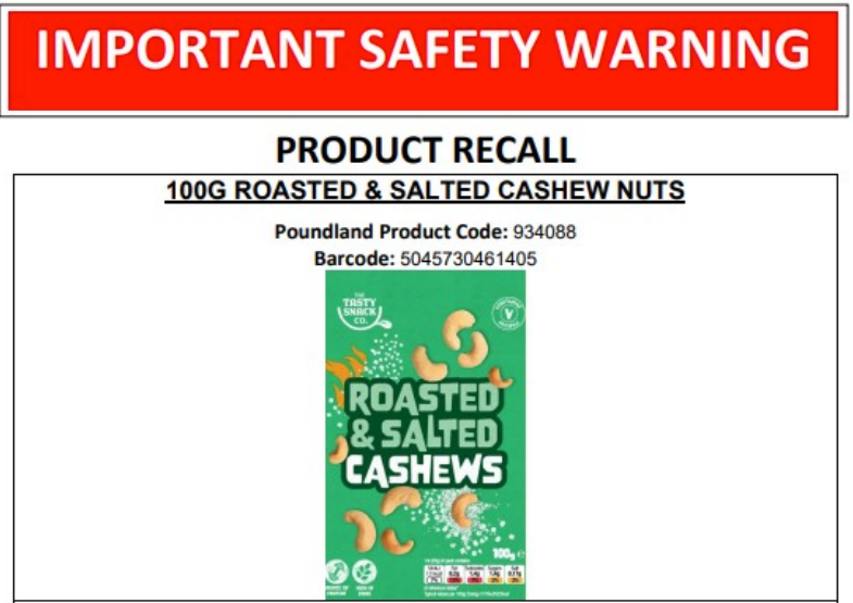 Product recall notice for The Tasty Snack Co. Roasted and Salted Cashews