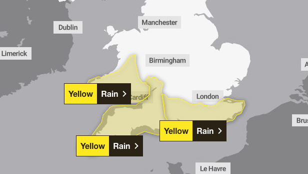 Met Office issued a yellow weather warning across England and Wales for rain on Monday