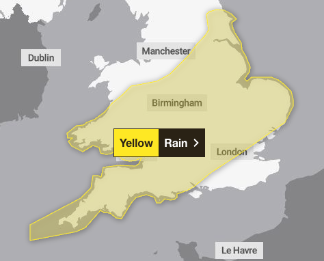 On Saturday a yellow weather warning for rain covers most of England and Wales