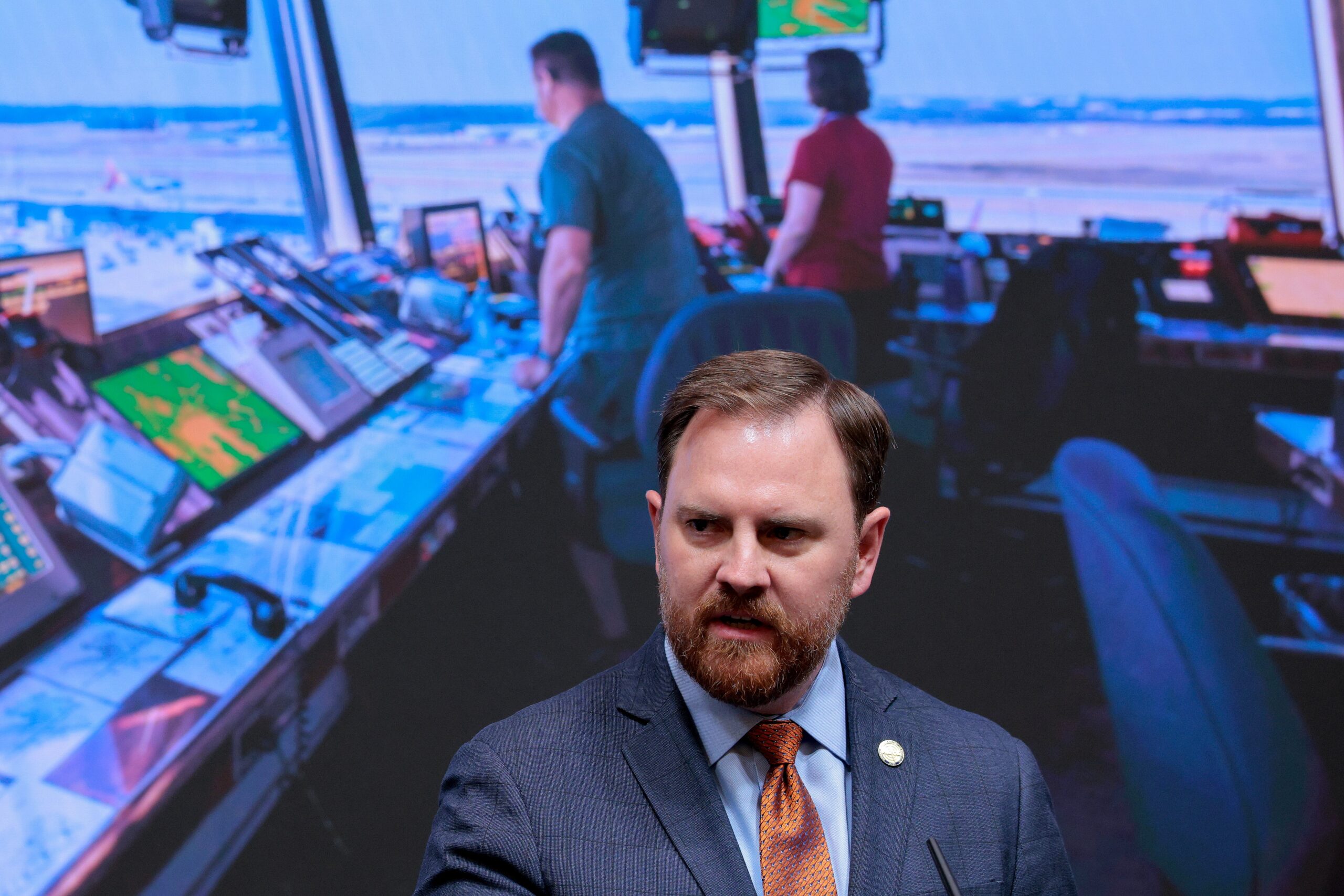 Air Traffic Controllers union head Nick Davis is pictured in an Air Traffic Control tower