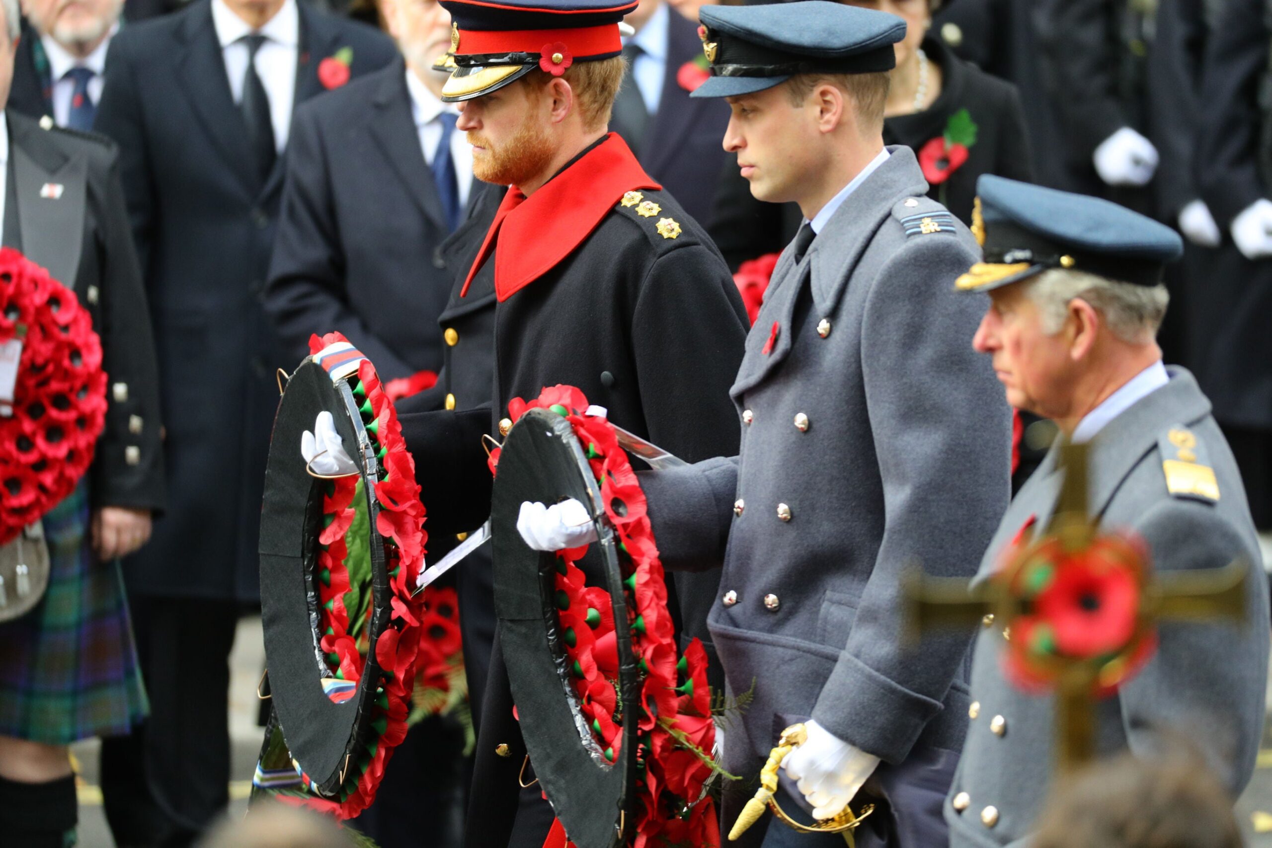 Charles, the then Prince of Wales, with his sons William and Harry at the Cenotaph on Remembrance Sunday in 2017 (Harland Quarrington/MOD/PA)
