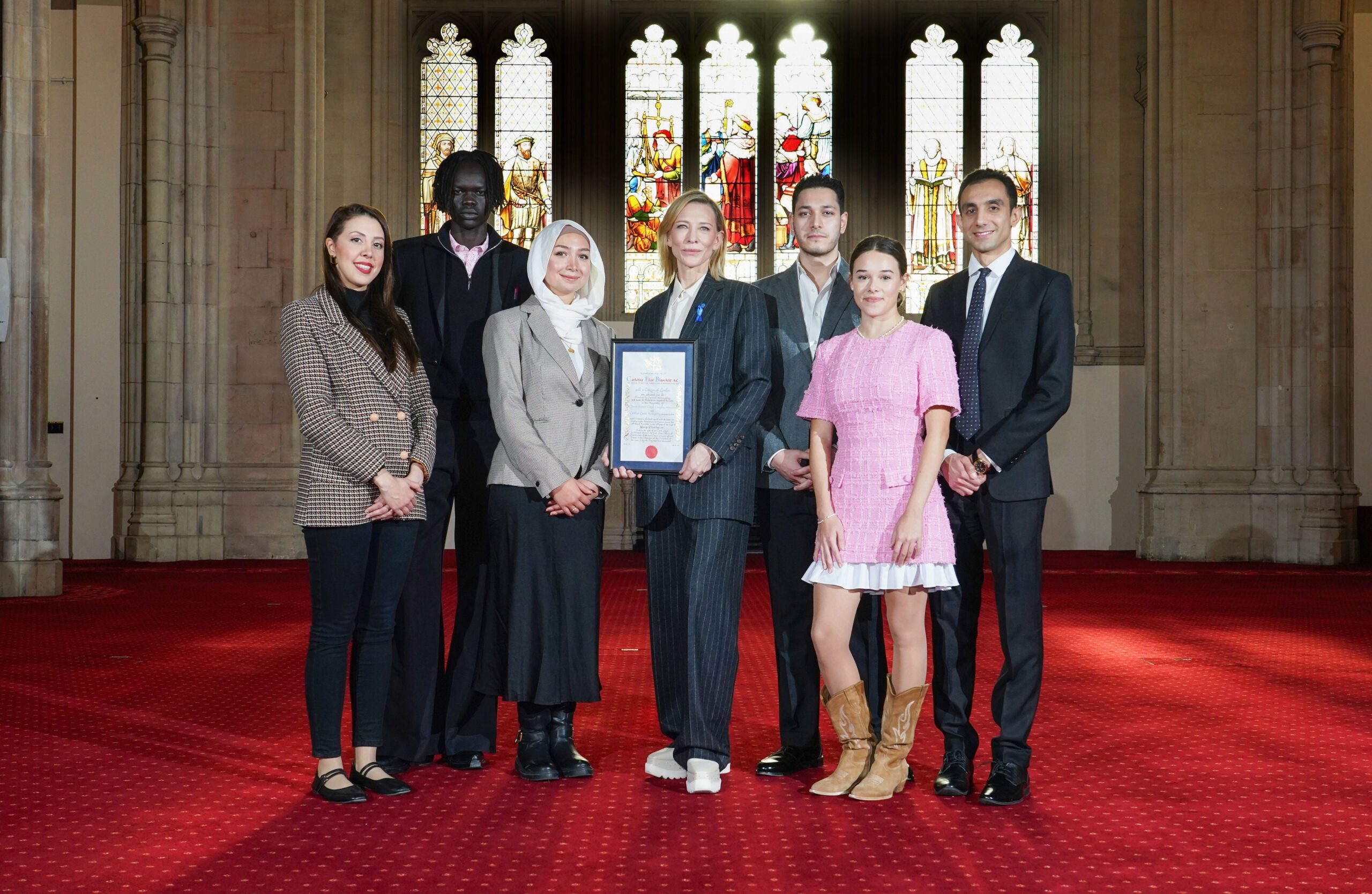 Cate Blanchett with guests Hala Khankan from Syria, Duot Ajang from South Sudan, Maya Ghazal from Syria, Abdullah Sakhnini from Pakistan, Sofia Berdychevska from Ukraine and Anil Qasemi from Afghanistan after actress Cate Blanchett received the Freedom of the City of London