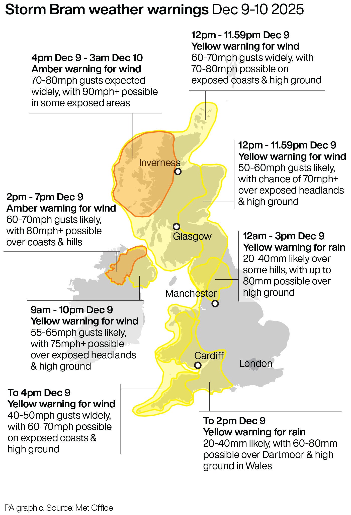 A map of the UK with highlighted parts showing where yellow and amber weather warnings are in place