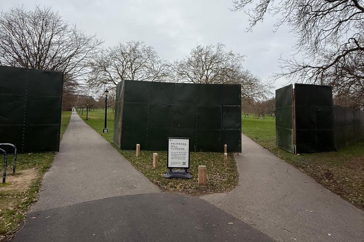 Some of the dark green hoarding put up around Primrose Hill in Camden