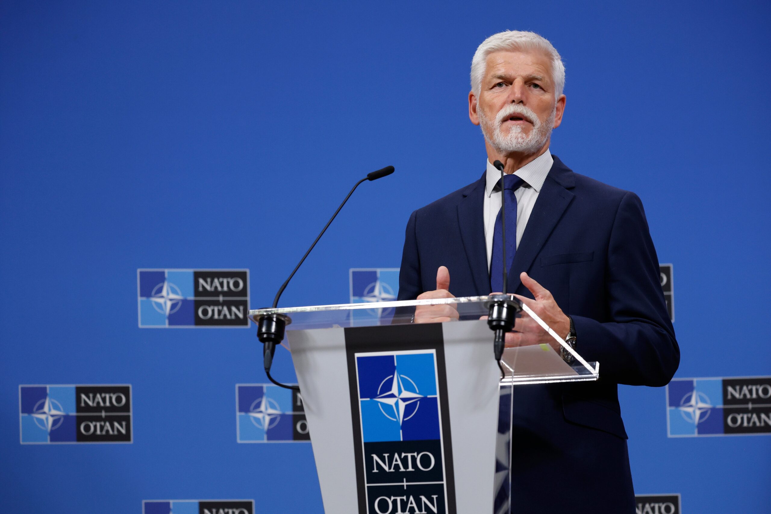 File: Petr Pavel addresses a media conference at Nato’s headquarters in Brussels in May 2025