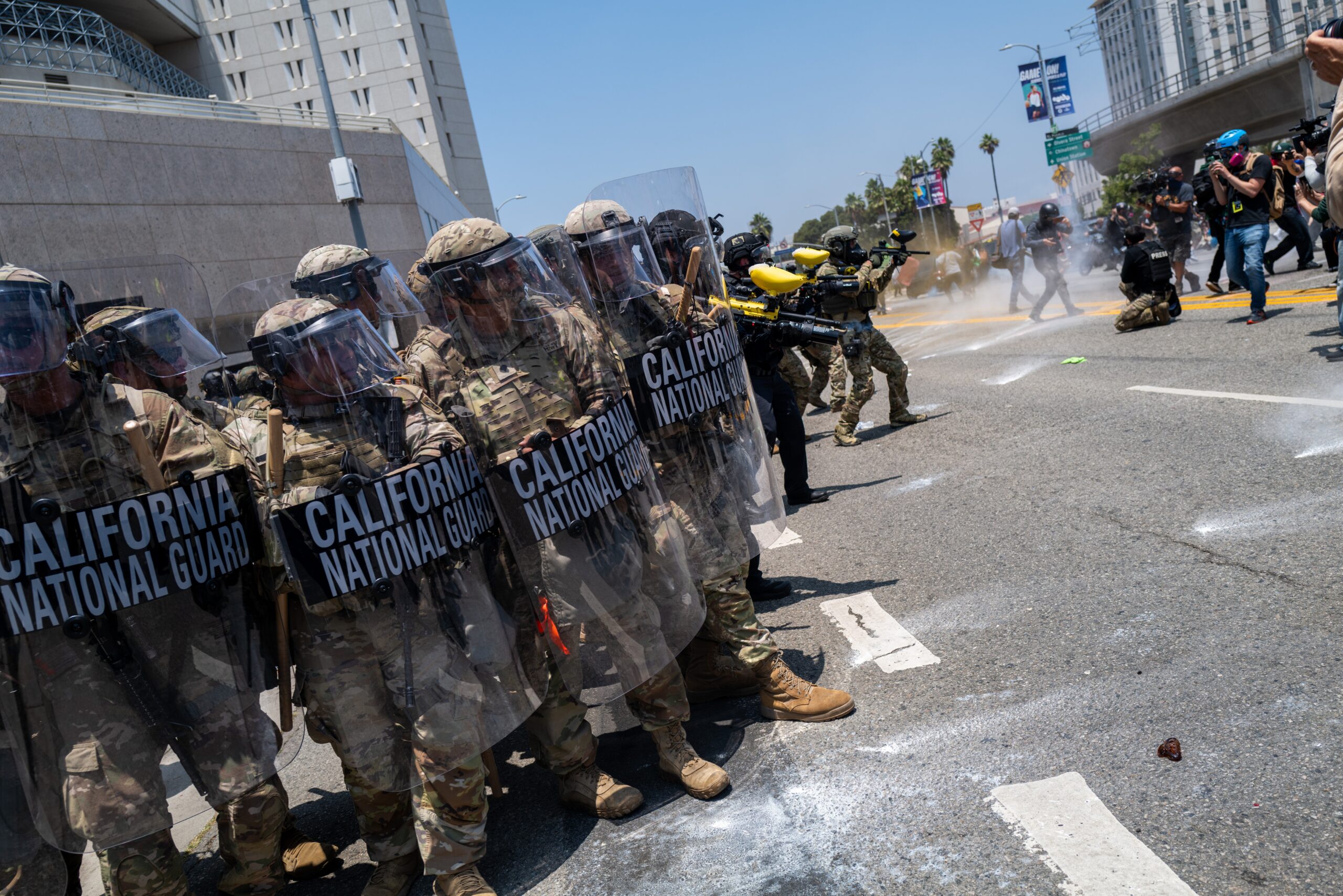Troops were stationed outside a federal detention centre in downtown Los Angeles, where protesters gathered