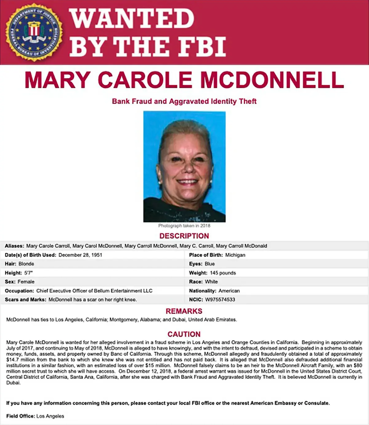 McDonnell is wanted on charges of bank fraud and aggravated identity theft
