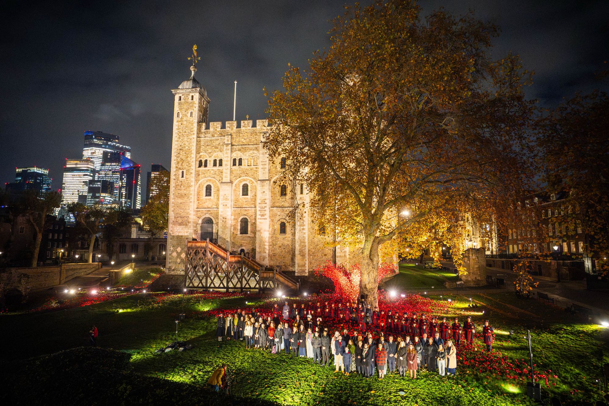 People gather at the Tower of London’s display of ceramic poppies, as the Tower marks Armistice Day.
