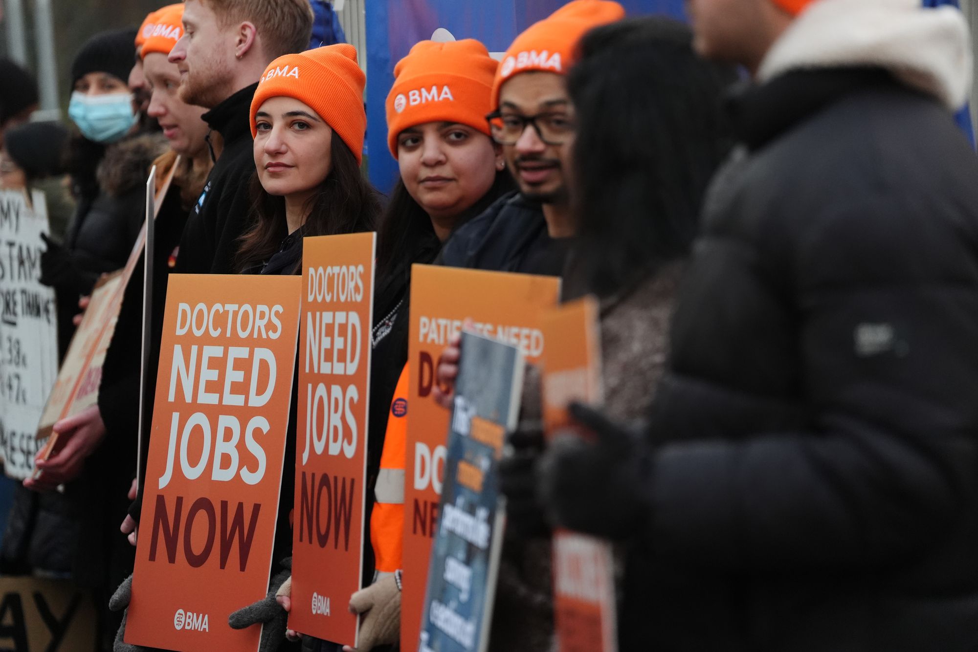 Resident doctors on the picket line outside St Thomas' Hospital in London