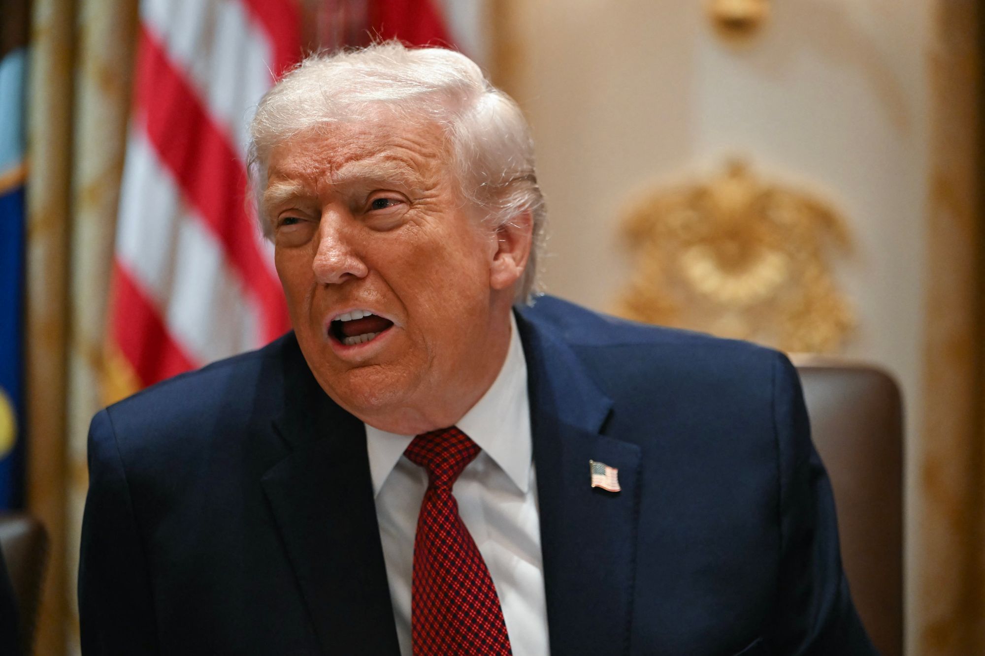 US President Donald Trump speaks during a roundtable event for farmers at the White House