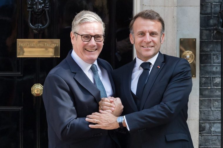 LONDON, UNITED KINGDOM JULY 10, 2025: British Prime Minister Sir Keir Starmer (L) welcomes President of the Republic of France Emmanuel Macron outside 10 Downing Street ahead of the 37th UK-France Summit on the third day of the French President's State Visit in London, United Kingdom on July 10, 2025. (Photo credit should read Wiktor Szymanowicz/Future Publishing via Getty Images)