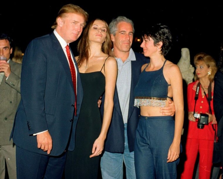 From left, American real estate developer Donald Trump and his girlfriend (and future wife), former model Melania Knauss, financier (and future convicted sex offender) Jeffrey Epstein, and British socialite Ghislaine Maxwell pose together at the Mar-a-Lago club, Palm Beach, Florida, February 12, 2000. (Photo by Davidoff Studios/Getty Images)