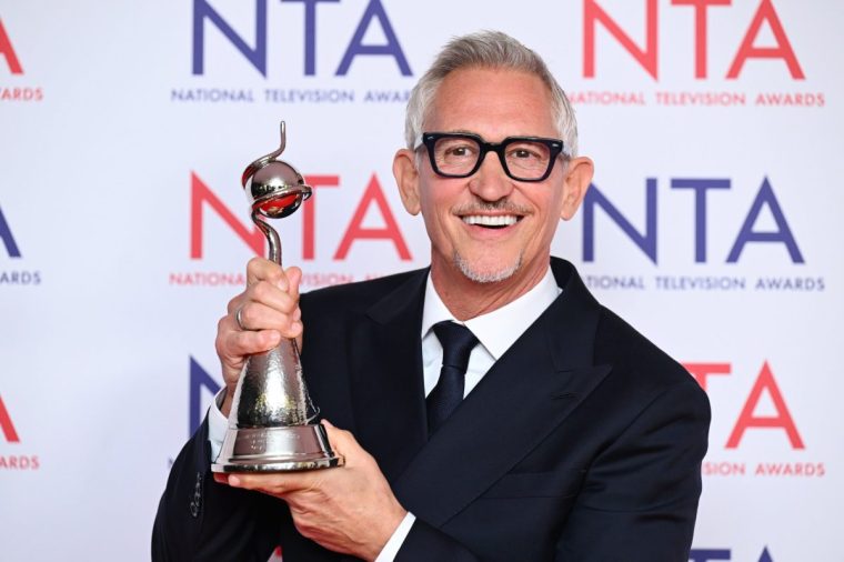 LONDON, ENGLAND - SEPTEMBER 10: Gary Lineker poses after winning the 'TV Presenter' award during the NTA's 2025 at The O2 Arena on September 10, 2025 in London, England. (Photo by Joe Maher/Getty Images for the NTA's)