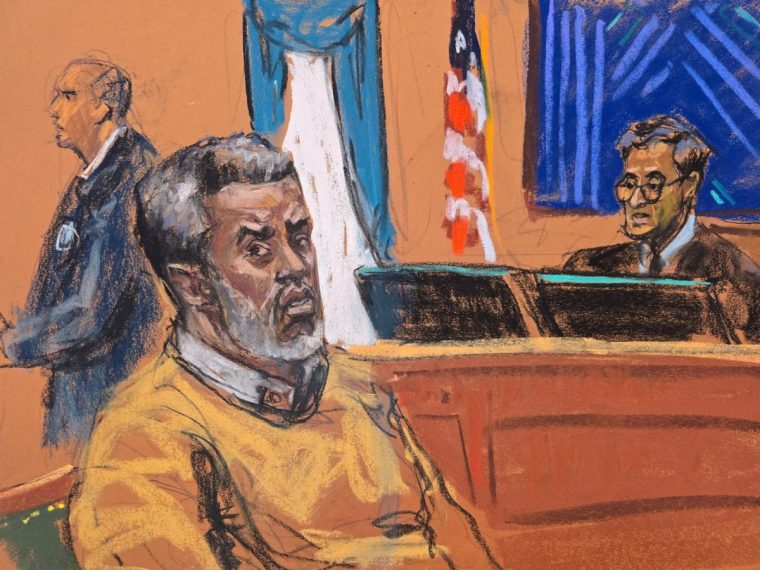 Sean 'Diddy' Combs listens as Judge Arun Subramanian pronounces the sentence during Combs' sentencing hearing, after he was convicted of transporting prostitutes for drug-fueled sexual performances, in New York City, U.S., October 3, 2025, in this courtroom sketch. REUTERS/Jane Rosenberg