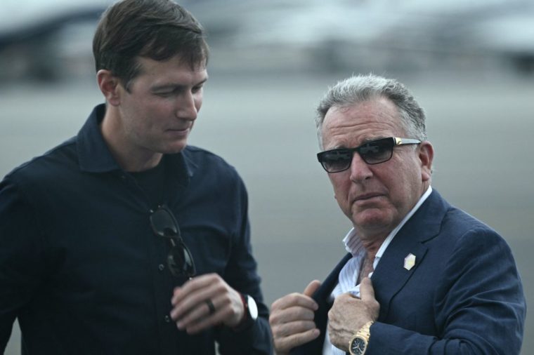 (FILES) US special envoy to the Middle East Steve Witkoff (R) and Jared Kushner await the arrival of President Donald Trump and First Lady Melania Trump at Teterboro Airport in Teterboro, New Jersey, on July 13, 2025. President Donald Trump's son-in-law Jared Kushner and Witkoff, a senior US envoy, are heading to Egypt on October 4, 2025, to finalize hostage release details, a White House official said, after Hamas reacted positively to a peace plan to end two years of war. (Photo by Brendan SMIALOWSKI / AFP) (Photo by BRENDAN SMIALOWSKI/AFP via Getty Images)