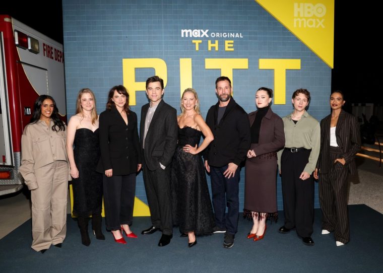 NORTH HOLLYWOOD, CALIFORNIA - NOVEMBER 11: (L-R) Shabana Azeez, Taylor Dearden, Fiona Dourif, Patrick Ball, Katherine LaNasa, Noah Wyle, Isa Briones, Gerran Howell, and Supriya Ganesh attend The Pitt SAG FYC Event at The Wolf Theater at the Television Academy on November 11, 2025 in North Hollywood, California. (Photo by Phillip Faraone/Getty Images for HBO Max)