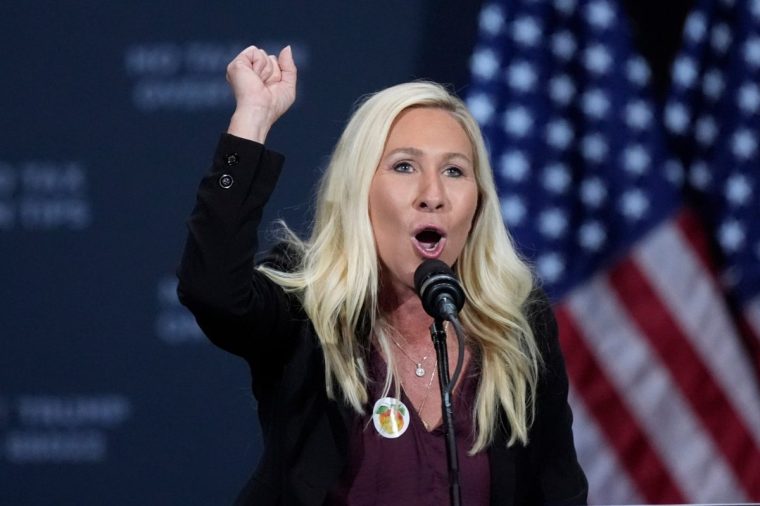 FILE - Rep. Marjorie Taylor Greene, R-Ga., speaks before Republican presidential nominee former President Donald Trump at a campaign event at the Cobb Energy Performing Arts Centre, Oct. 15, 2024, in Atlanta. (AP Photo/John Bazemore, File)